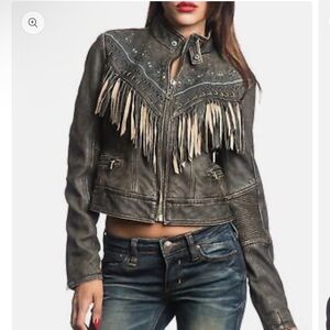 Affliction Black Leather Jacket with Fringe